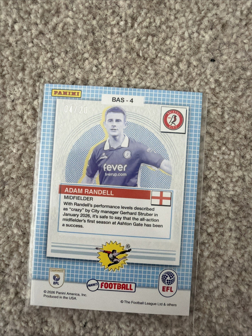 Panini's Football 2026 Adam Randell BAS-4 Bristol City Serial Numbered 4/20