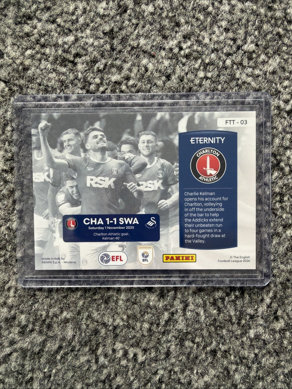 EFL Eternity For The Team Numbered Insert 8/25 Charlton Athletic 1-1 Swansea