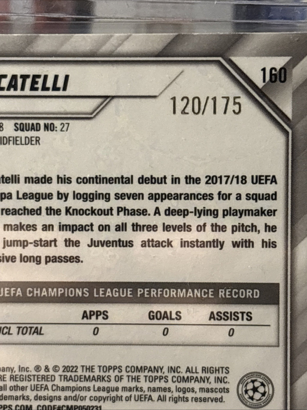 Topps Chrome Champions League 2022 No. 160 Manuel Locatelli Pink Speckle /175