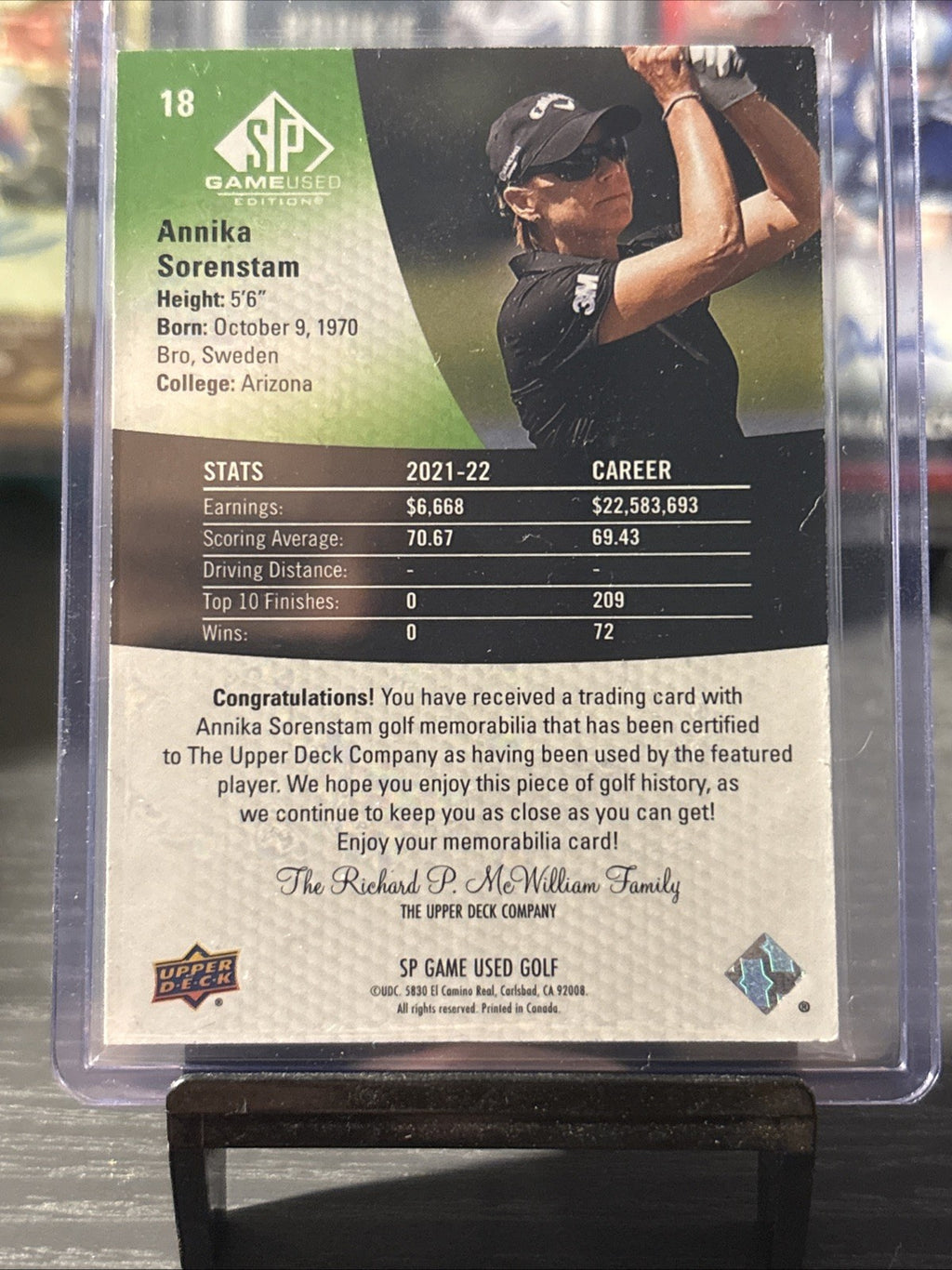 2024 SP Game Used Golf ANNIKA SORENSTAM Base Relic #18