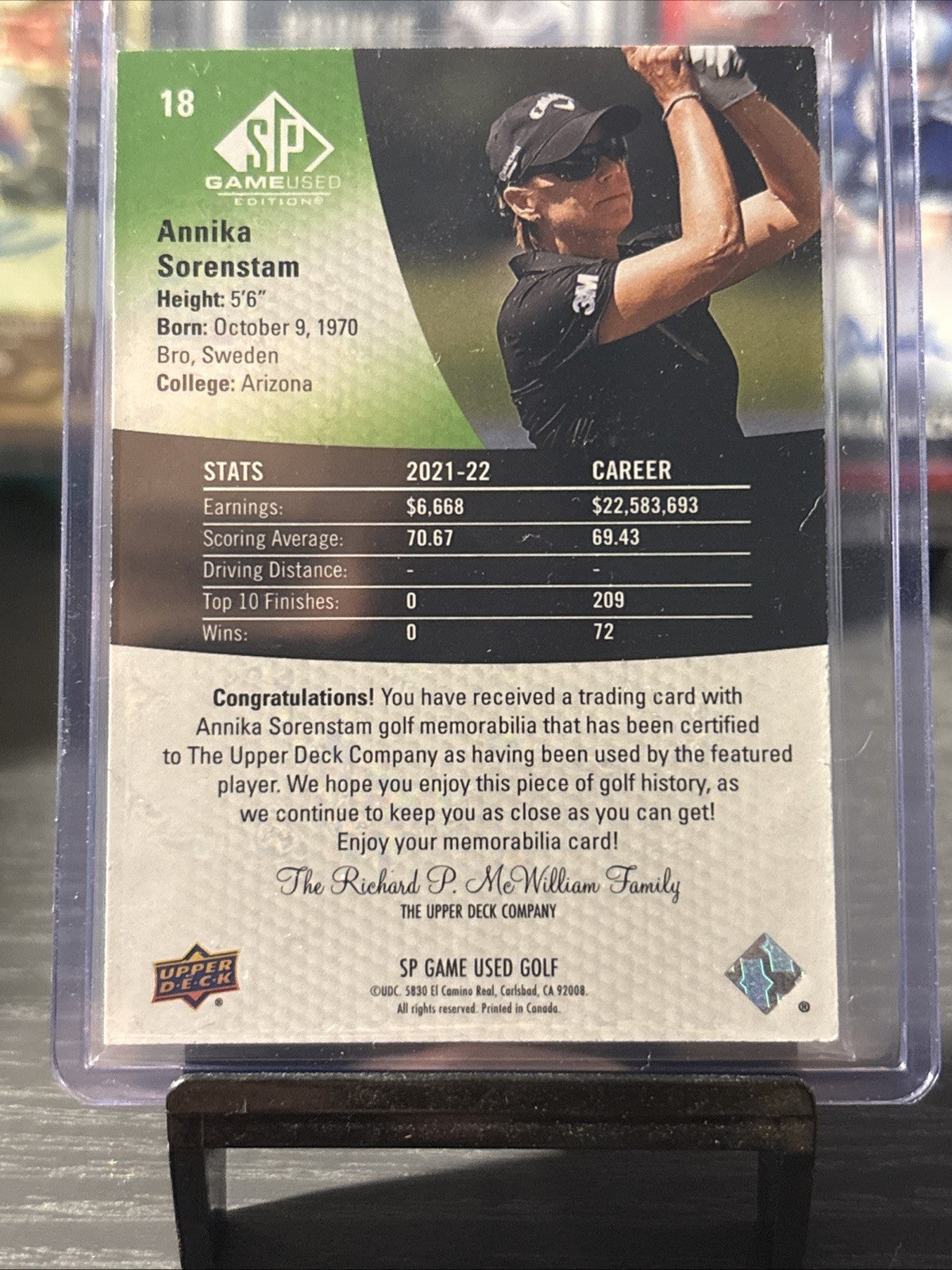 2024 SP Game Used Golf ANNIKA SORENSTAM Base Relic #18