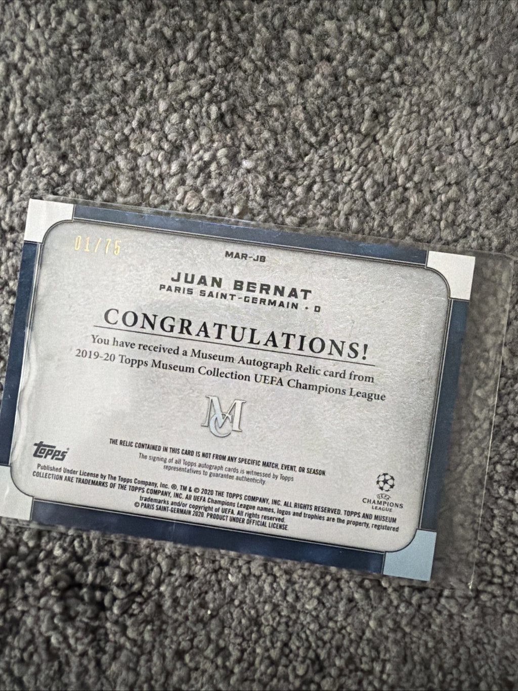 2020 TOPPS Museum Collection Autograph 1/75 Relic Card Juan Bernat Paris
