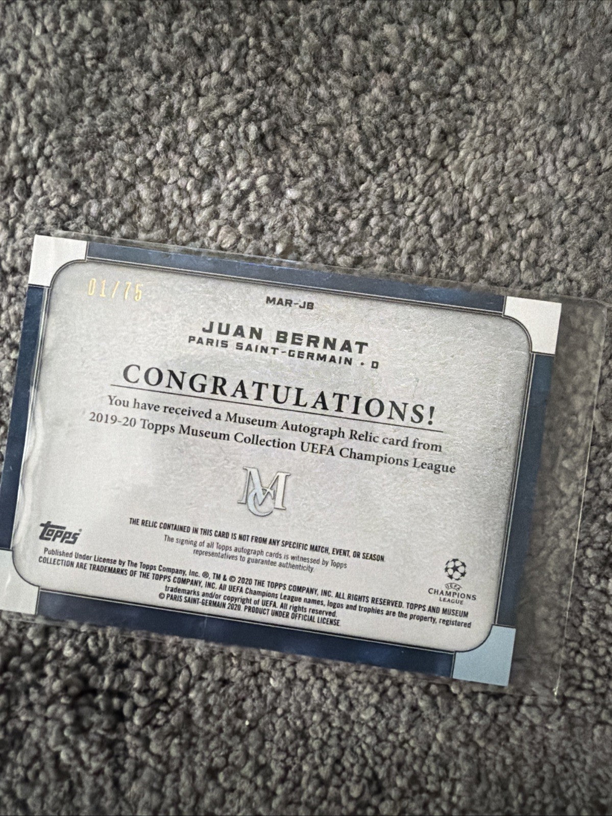 2020 TOPPS Museum Collection Autograph 1/75 Relic Card Juan Bernat Paris