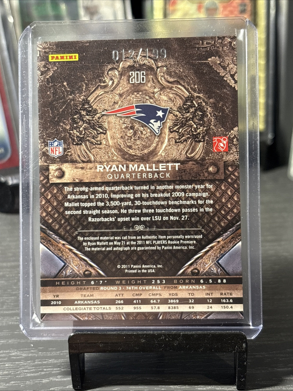 2011 Panini Crown Royale Ryan Mallett Rookie Silhouette Patch Auto /199 RPA Pats