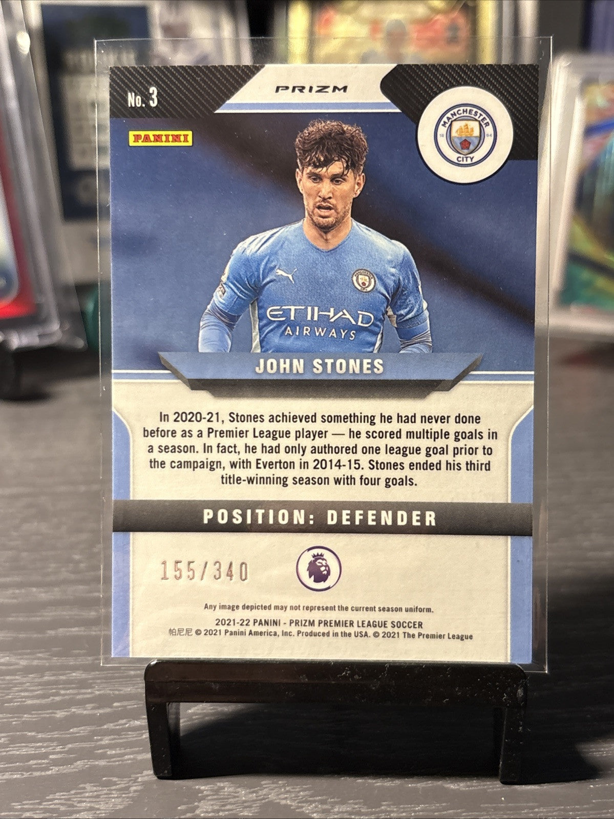 Panini 2021-22 Prizm Premier League Soccer No. 3 John Stones Blue Prizm /340